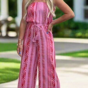 COASTAL VIEWS ABSTRACT STRAPLESS JUMPSUIT - PINK